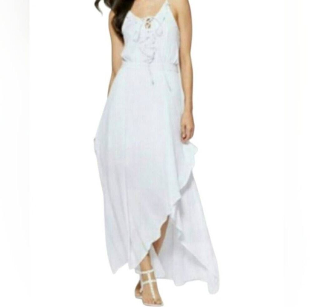 New York & Company White Lace-Up High-Low Maxi Dress Sz.M EUC